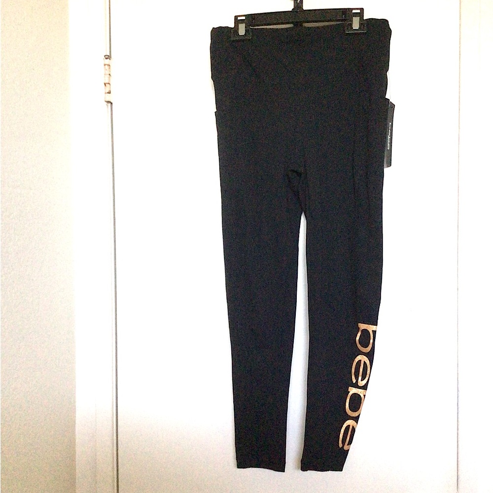 Bebe Black Leggings With Gold Logo